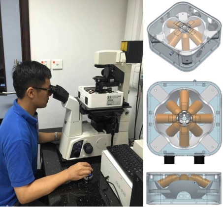   
		Fig. 5. A PhD student, Mr. Jiangfan Yu, is working on a microrobotic platform, based on electromagnetic coils and an inverted microscope, for conducting targeted delivery experiments in Prof. Zhang’s lab (ERB 202).	 
